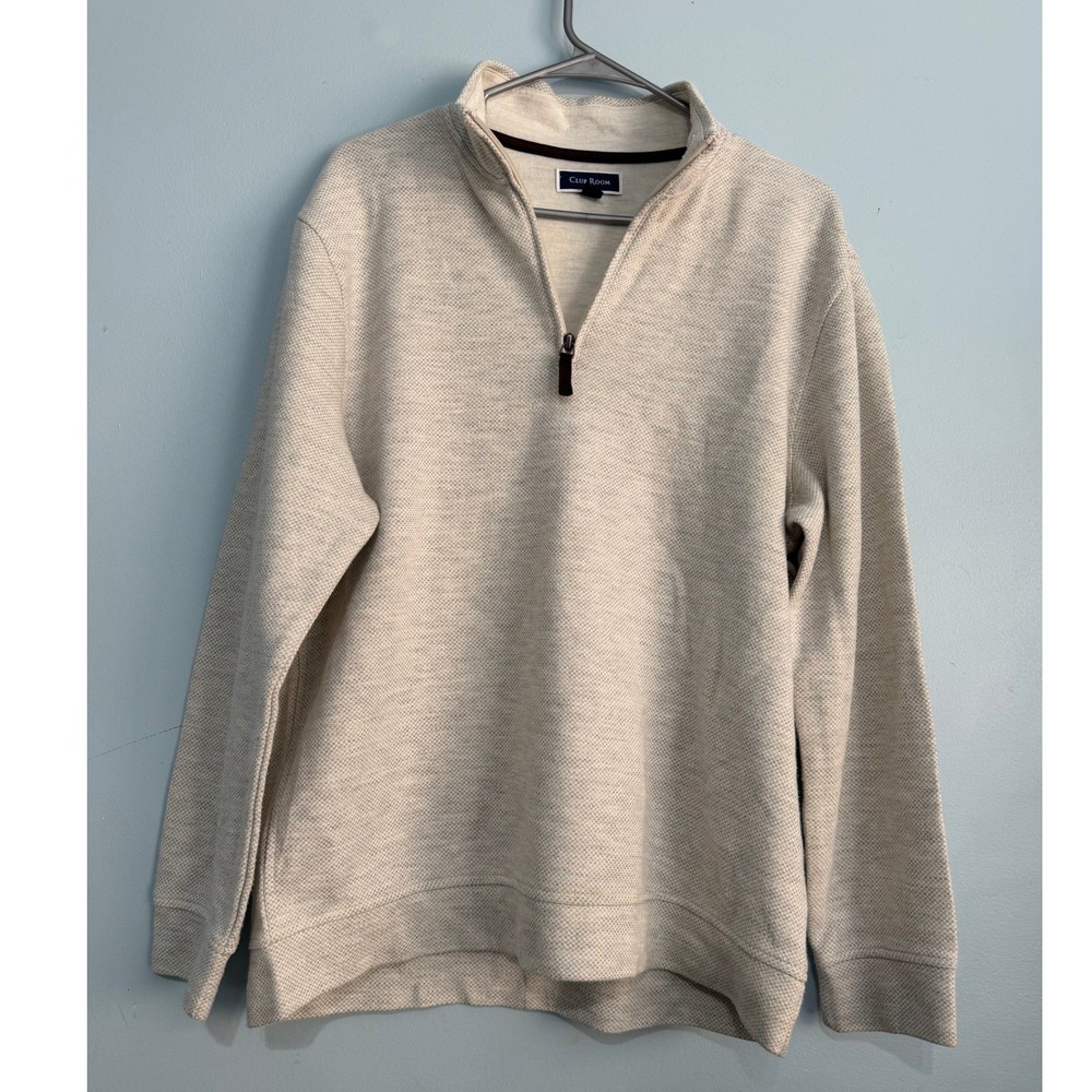 Club Room Men's L Quarter Zip Pullover Sweater Oatmeal Beige Textured 1500